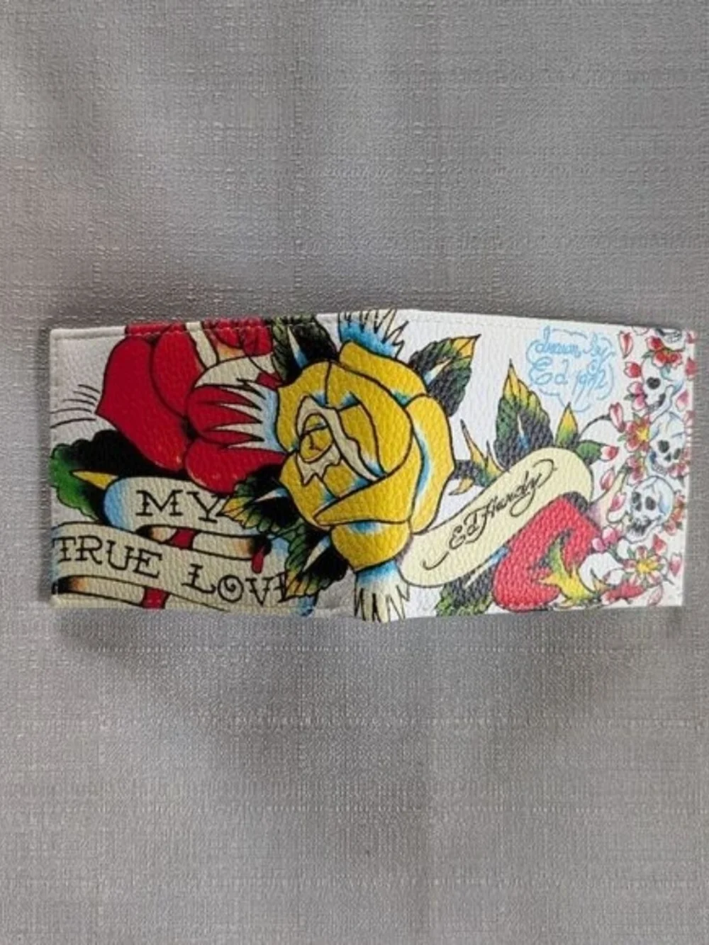 Ed Hardy Skull And Rose Tattoo Print Faux Leather Wallet New!